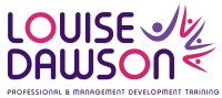 Louise Dawson logo with purple text and a flurry of four arms raised in Purple and Pink - purple is the colour of inclusion, pink is a contrastic colour and the four people represent Louise and her three offspring, all four a neurodivergent.